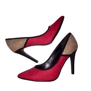 Red black and beige pointed toe pumps